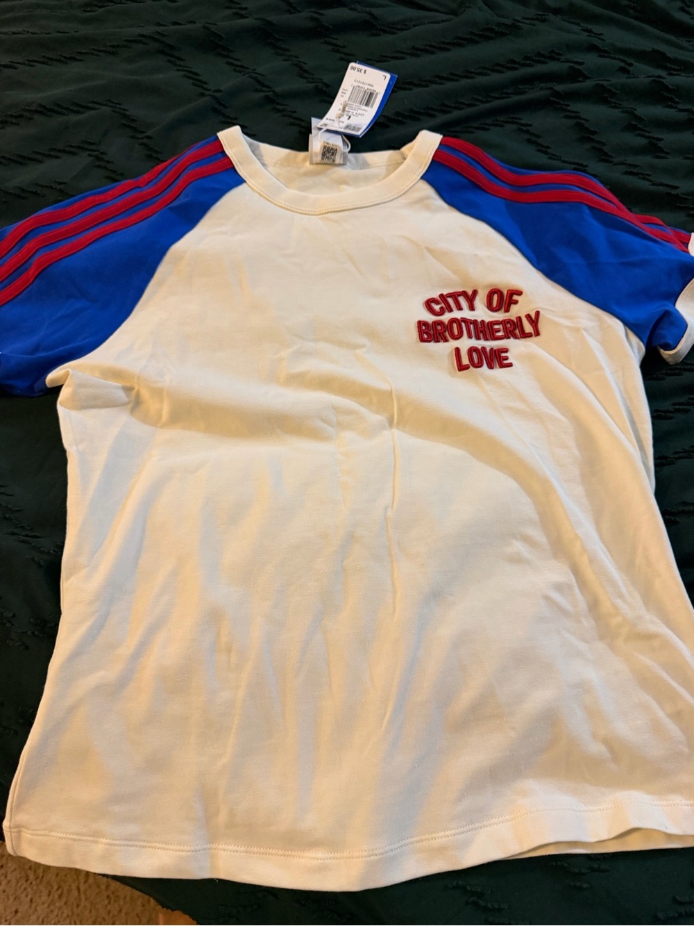 adidas White Tee with Blue Raglan Sleeves and Red Stripe Accents